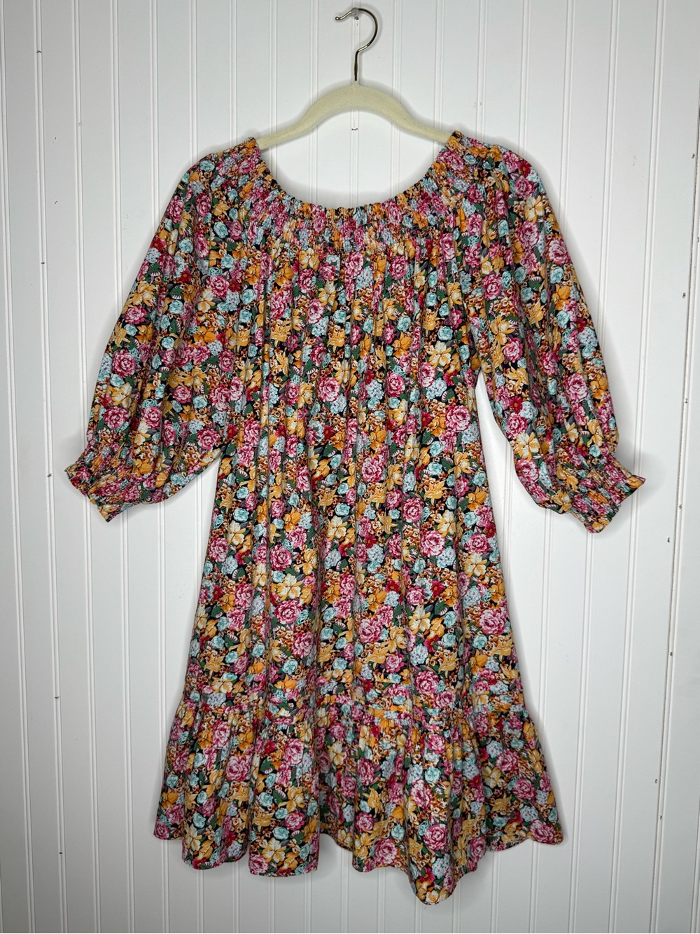 Anthropologie Maeve Off-the-Shoulder Smocked Floral Flounced Mini Dress Large - Picture 3 of 13